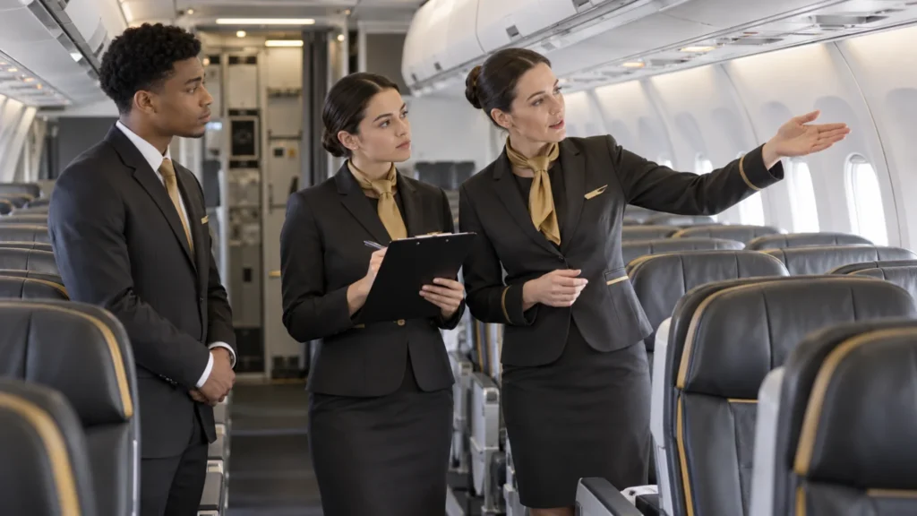 Cabin crew trainees practising cabin security awareness with a trainer inside an aircraft cabin.