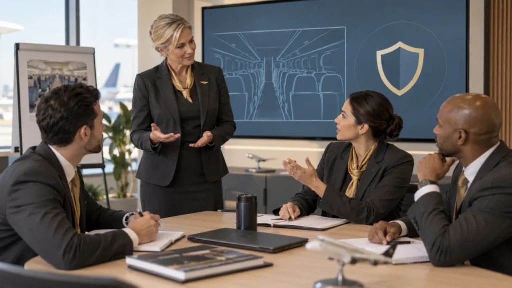 An experienced aviation security instructor facilitating a classroom discussion with three instructor candidates.